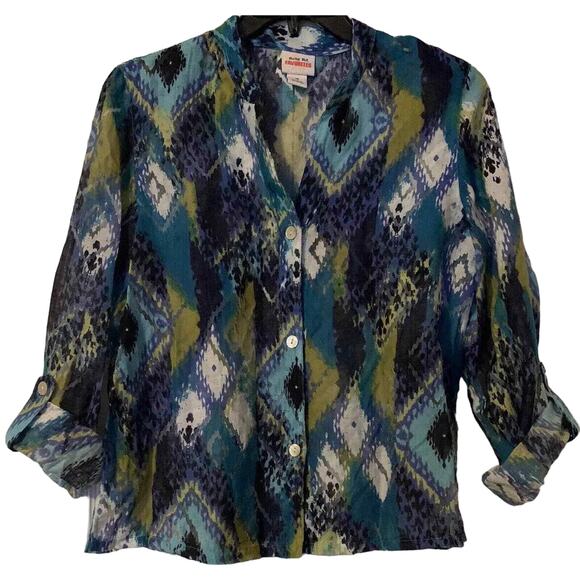 Ruby Rd Favorites Multicolor Sheer Blouse 14 Women Button-Up Roll Tab Sleeve - Picture 1 of 13